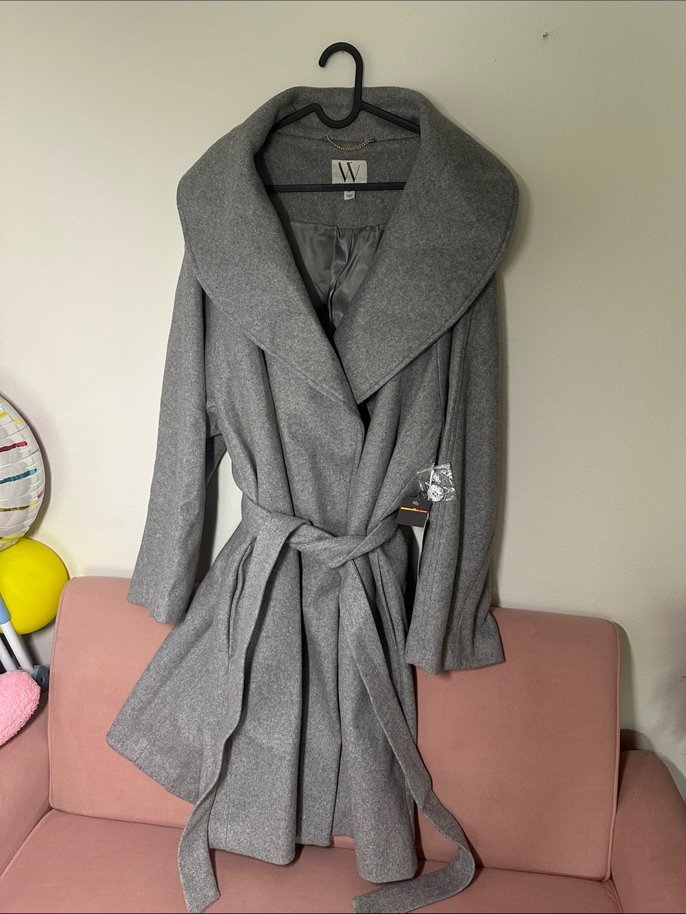 W by Worth Gray Shawl-Collar Wrap Coat with Self-Tie Belt